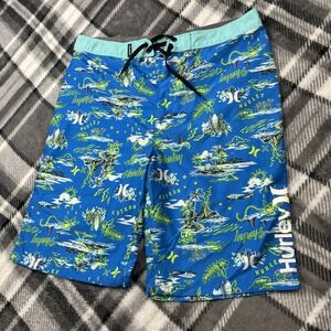Hurley Boys Size 20/30 Neptune Blue Doodle Island Skulls Print Surf Board Shorts